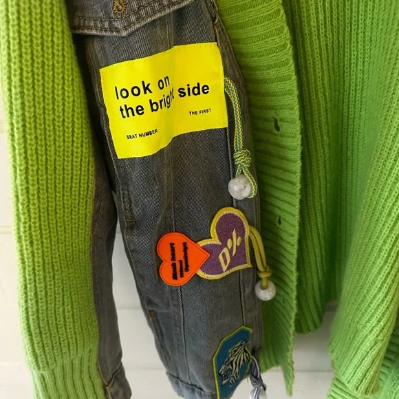 Pastels Clothing Lime Green Knit Cardigan with Embellished Denim Sleeve - Picture 2 of 3